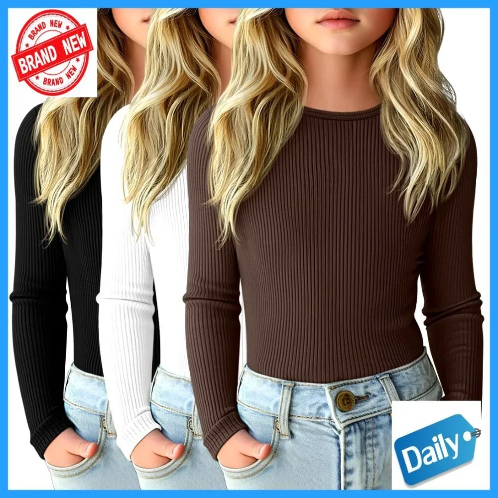 3 Pack Girls Long Sleeve Ribbed Cotton Tees Slim Fit Layering Tops